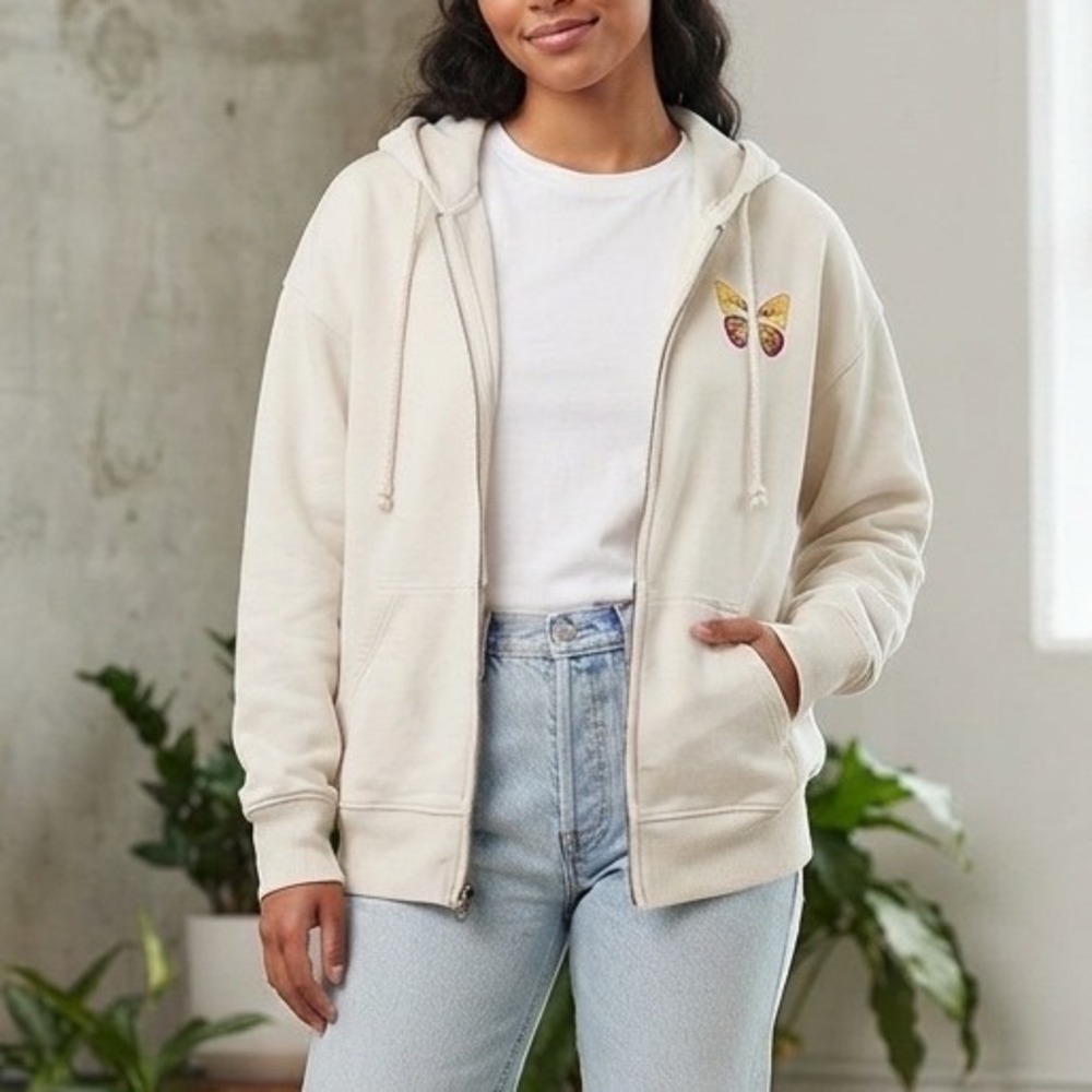 American Eagle Respect All Beings Butterfly Zip Up Hoodie Cream Medium